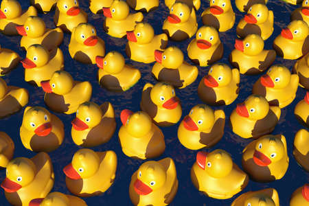 Many rubber ducks in the water, 3D renderの写真素材