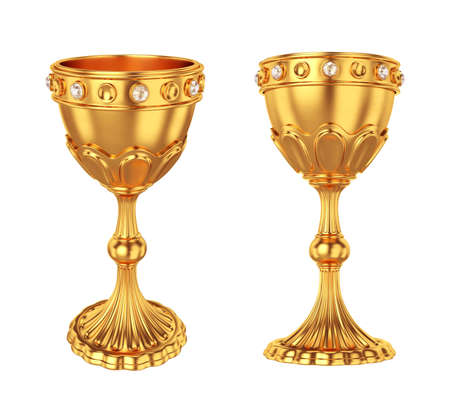 Gold chalice with white precious stones isolated on a white background, 3D renderの写真素材