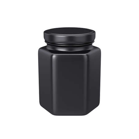 Black hexagonal honey jar isolated on a white background, 3D renderの写真素材
