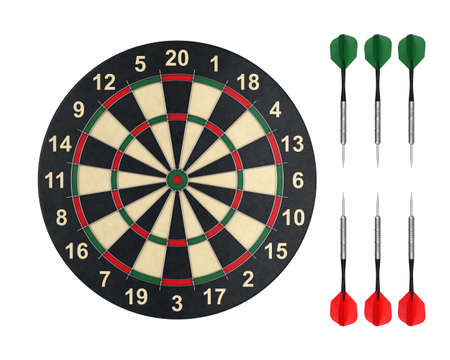 A dart board and a set of red and green Darts isolated on a white background, 3D renderの写真素材