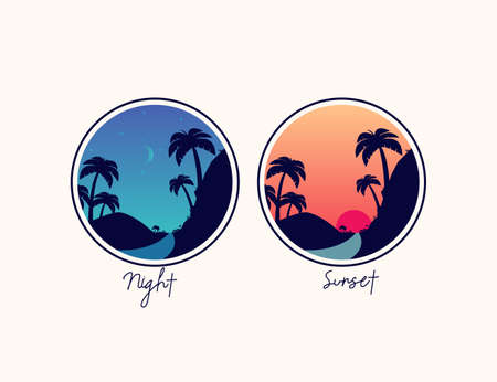 Sunset and night mountain hill with palm tree illustration logoのイラスト素材