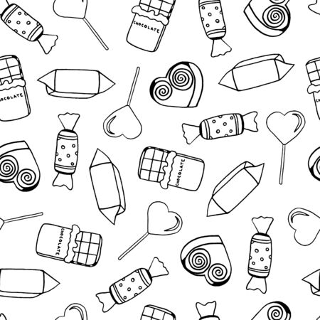 Seamless pattern of sweets. Chocolate candies and lollipops. Black and white doodle sketch.のイラスト素材