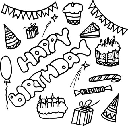Black and white happy birthday doodle sketchのイラスト素材