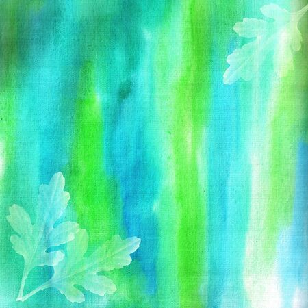 Transparent oak leaves on blue-green watercolor background with stripes.の写真素材
