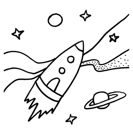 Black and white hand-drawing doodle sketch illustration of rocket on the milky wayのイラスト素材