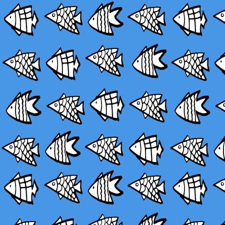 Sea pattern with black and white fish on the blue background.の写真素材