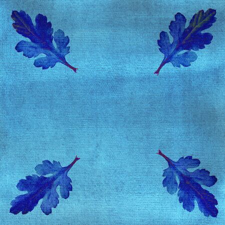 Oak leaves on blue watercolor background. Ornate, card, frame.の写真素材