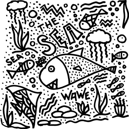 The sea life black and white doodle sketchのイラスト素材