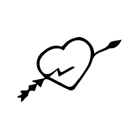 Hand drawn black and white doodle sketch illustration. A heart pierced by an arrow.のイラスト素材