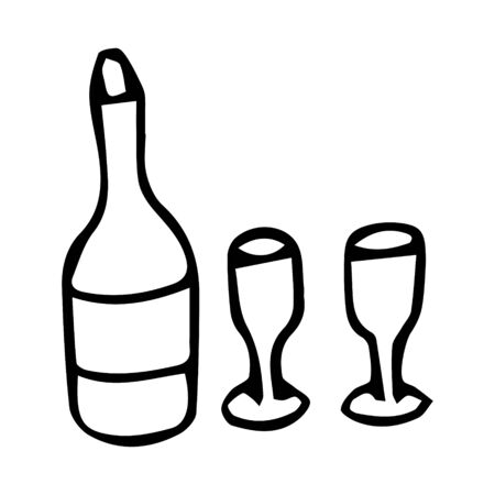 Hand drawn black and white doodle sketch illustration. A bottle of wine and two glasses.のイラスト素材