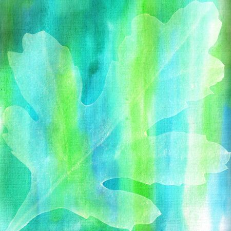Transparent oak leaves on blue-green watercolor background with stripes.の写真素材