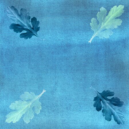 Oak leaves on blue watercolor background. Ornate, card, frame.の写真素材