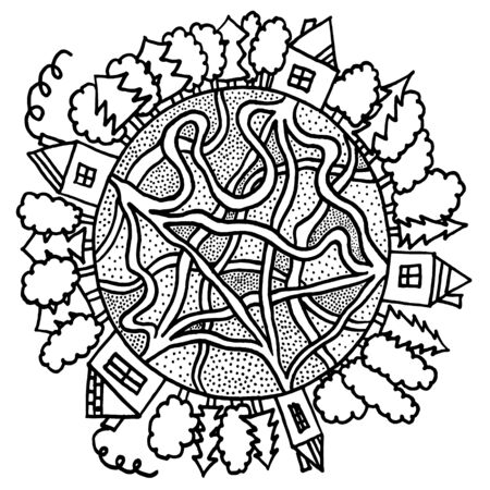 The village black and white doodle sketchのイラスト素材