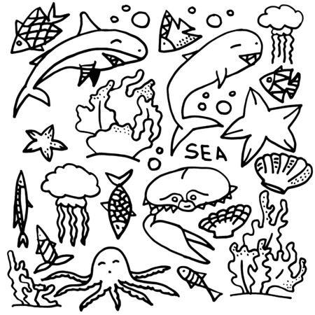 The sea life black and white doodle sketchのイラスト素材
