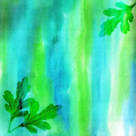 Transparent oak leaves on blue-green watercolor background with stripes.の写真素材