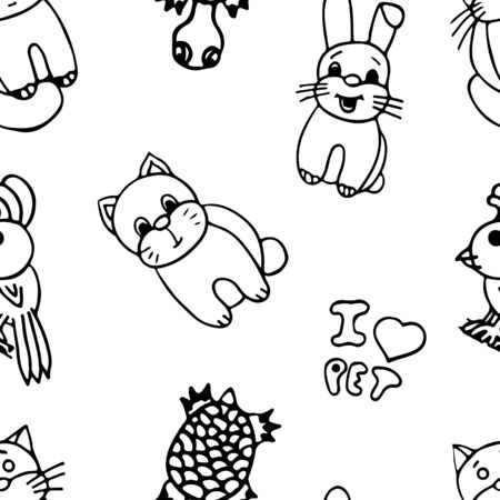 Black and white seamless pattern with pets.のイラスト素材