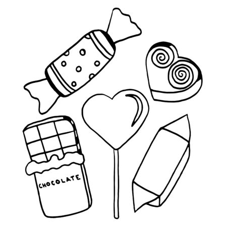 Hand drawn illustration of sweets set. Chocolate candies and lollipops. Black and white doodle sketch.の写真素材
