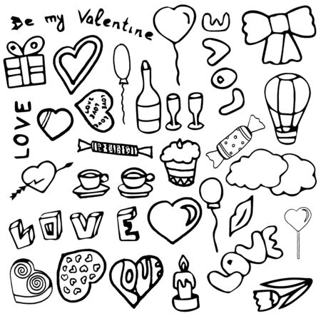 Hand drawn black and white doodle sketch illustration. Valentines day set.のイラスト素材