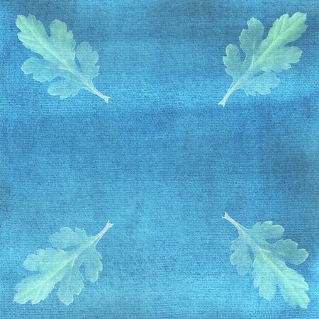 Oak leaves on blue watercolor background. Ornate, card, frame.の写真素材