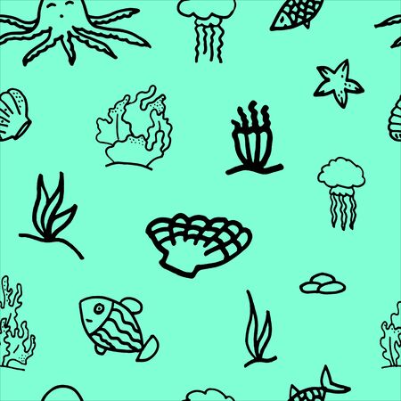 The sea seamless pattern on color background.のイラスト素材