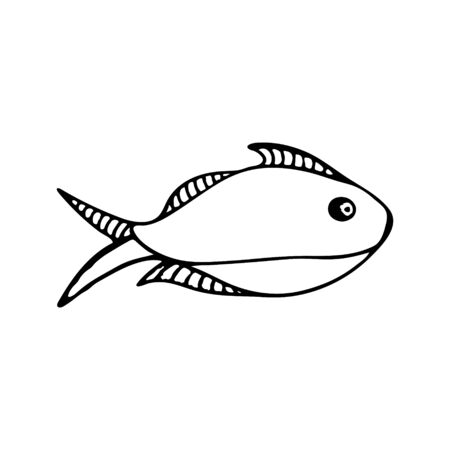 Black and white fish doodle sketch illustration. Underwater world. Hand-drawn sea and ocean animals. Fish silhouette on a white background.のイラスト素材