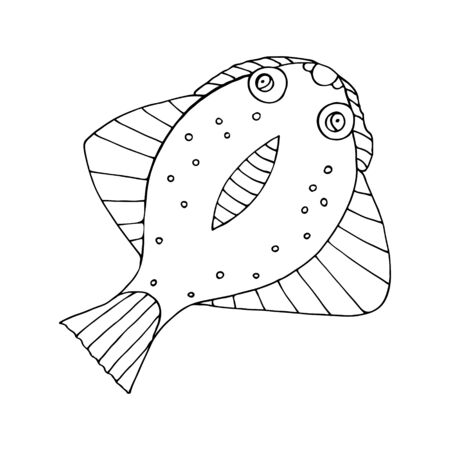 Black and white sea fish vector doodle cartoon sketch illustration. Isolated underwater object on...