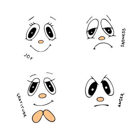 Black And White Emotions Doodle Sketch. Hand-Drawn Isolated Illustration On White Background. Four Emotions Joy, Sadness, Gratitude And Anger.のイラスト素材