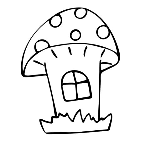 Black And White Mushroom Doodle Sketch. Hand-Drawn Isolated Illustration On White Background. Mushroom For Kid Coloring Book, Coloring Page, Design And Card.のイラスト素材