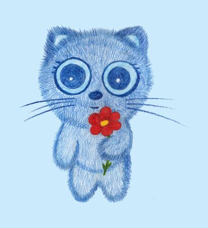 Cat with red flower drawn with colored pencils. Hand-drawn cute kid illustration. Card with blue cat with big eyes on blue background for prints.の写真素材