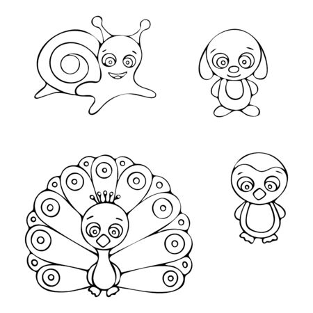 Black and white snail, dog, peacock, penguin doodle sketch illustration.のイラスト素材