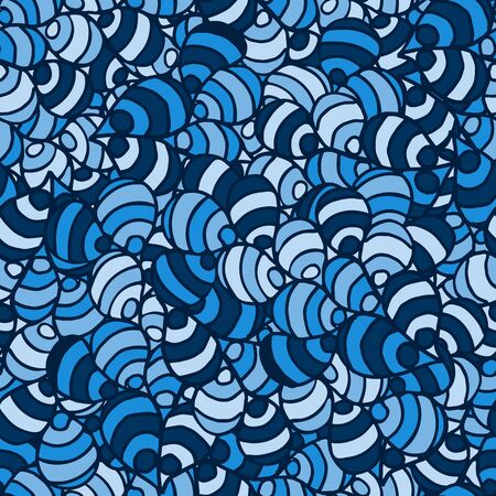 Blue And Dark Blue Abstract Seamless Pattern. Hand-Drawn Illustration With Stripes. Ethnic Floral Background With Blue Leaves.の写真素材