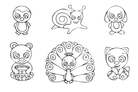 Black and white Cute Birds And Animals doodle sketch illustration.の写真素材