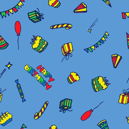 Happy Birthday Seamless Pattern. Hand Drawn Style.のイラスト素材