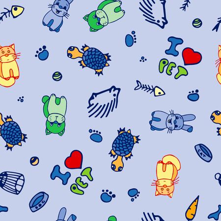 Hand-Drawn Colorful Seamless Pattern of Domestic Animals. Vector Doodle Sketch Cute Illustration. Pets For Design, Print, T-Shirt, Web, Game, App, Cardのイラスト素材