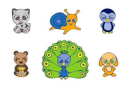 Colored snail, dog, peacock, penguin, cat and bear doodle sketch illustration on white background.のイラスト素材