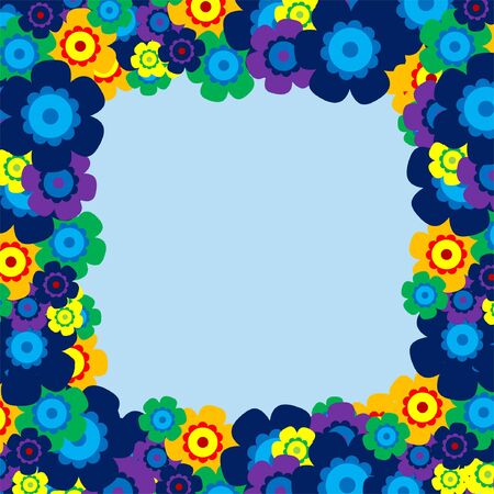Colored simple flower bouquet on blue background. Frame with decoration. Card for wedding, birthday, holiday. Vector backdrop illustration.のイラスト素材