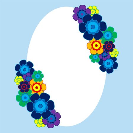 Colored simple flower bouquet on blue background. Frame with decoration. Card for wedding, birthday, holiday. Vector backdrop illustration.のイラスト素材