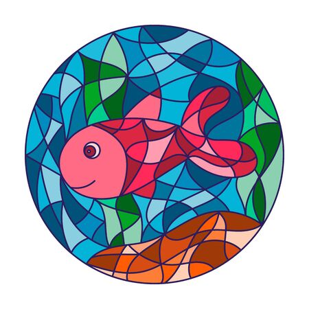 Illustration in stained glass style with abstract fish.のイラスト素材