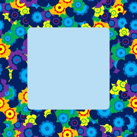 Colored simple flower bouquet on blue background. Frame with decoration. Card for wedding, birthday, holiday. Vector backdrop illustration.のイラスト素材
