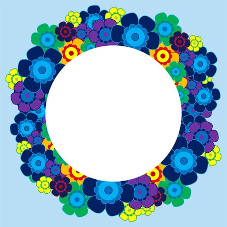 Colored simple flower bouquet on blue background. Frame with decoration. Card for wedding, birthday, holiday. Vector backdrop illustration.のイラスト素材