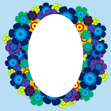 Colored simple flower bouquet on blue background. Frame with decoration. Card for wedding, birthday, holiday. Vector backdrop illustration.のイラスト素材