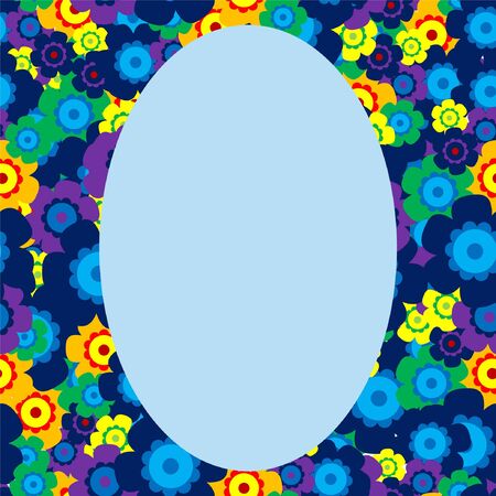 Colored simple flower bouquet on blue background. Frame with decoration. Card for wedding, birthday, holiday. Vector backdrop illustration.のイラスト素材