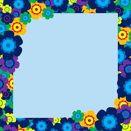 Colored simple flower bouquet on blue background. Frame with decoration. Card for wedding, birthday, holiday. Vector backdrop illustration.のイラスト素材