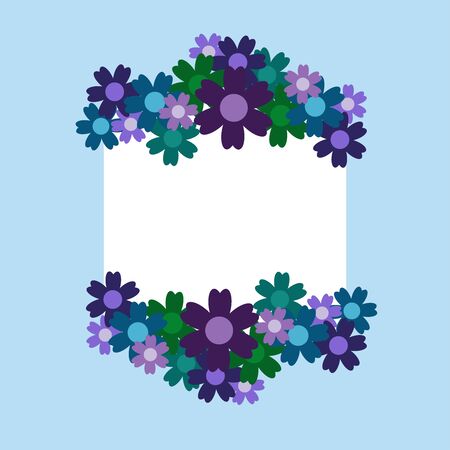 Colored simple flower bouquet on blue background. Frame with decoration. Card for wedding, birthday, holiday. Vector backdrop illustration.のイラスト素材