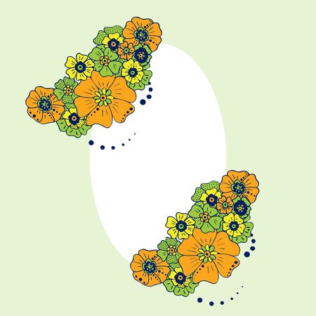 Colored simple flower bouquet on color background. Frame with decoration. Card for wedding, birthday, holiday. Vector backdrop illustration.のイラスト素材