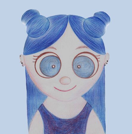 Cute Girl Colorful Kid Illustration. Girl with Blue Hair On Blue Background.の写真素材