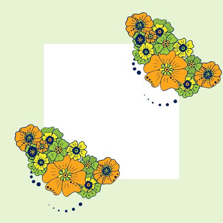 Colored simple flower bouquet on color background. Frame with decoration. Card for wedding, birthday, holiday. Vector backdrop illustration.のイラスト素材