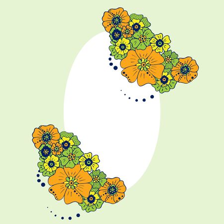 Colored simple flower bouquet on color background. Frame with decoration. Card for wedding, birthday, holiday. Vector backdrop illustration.のイラスト素材
