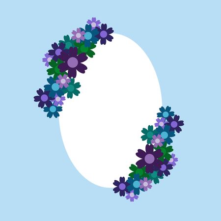 Colored simple flower bouquet on blue background. Frame with decoration. Card for wedding, birthday, holiday. Vector backdrop illustration.のイラスト素材