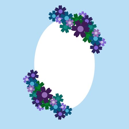 Colored simple flower bouquet on blue background. Frame with decoration. Card for wedding, birthday, holiday. Vector backdrop illustration.のイラスト素材